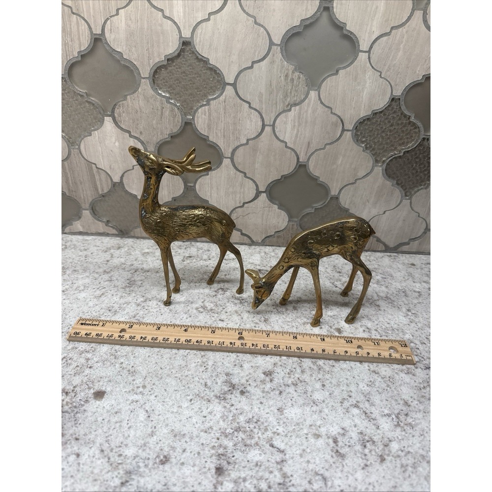 Vintage Set of 2 Brass Spotted Deer Buck & Doe Solid Made In Korea MCM